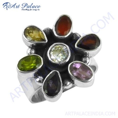 Exclusive Multi Gemstone Silver Ring In Flower Style