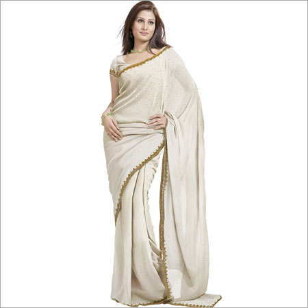 Off-white designer faux georgette saree