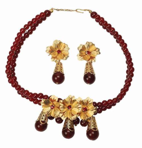 Necklace Set - Beads & Metal, 16-18 Inches, Burgundy | Clasp Closure, Drop Earrings, Elegant Matching Set