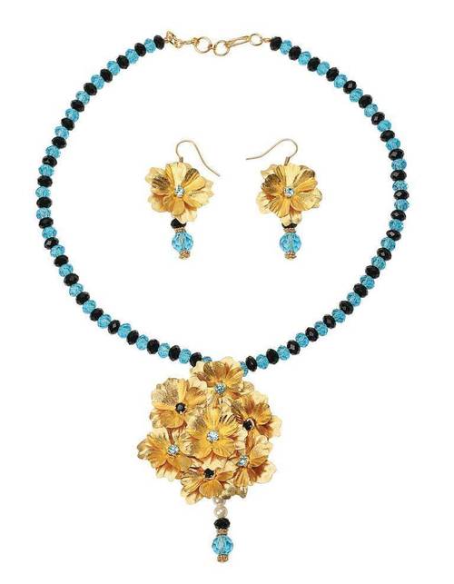 Necklace Set - Metal And Beads, 16-18 Inch Gold Necklace, 2x2 Cm Pendant, 1x1 Cm Earrings, Elegant Matching Set