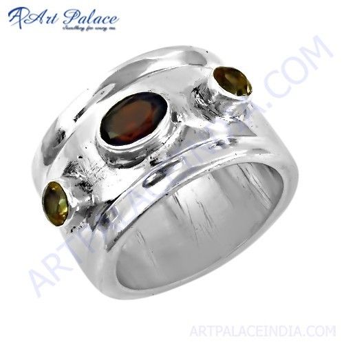 Indian Touch Citrine & Garnet Gemstone Silver Ring