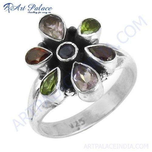Trendy Charm Flower Style Amethyst & Garnet & Iolite & Peridot Gemstone Silver Ring 