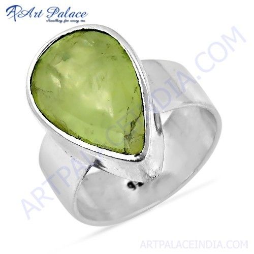 Top Quality Pear Shape Prenite Gemstone Silver Ring