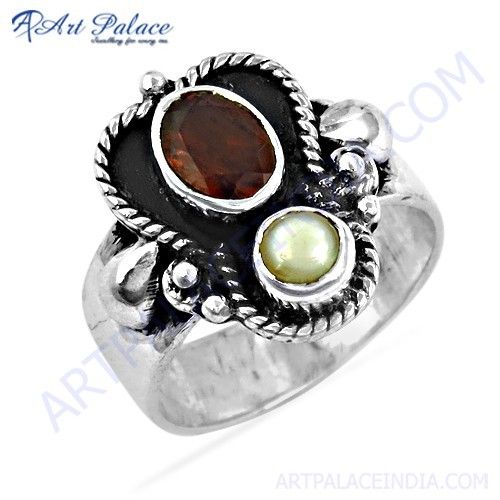 Truly Designer Garnet & Pearl Gemstone Silver Ring