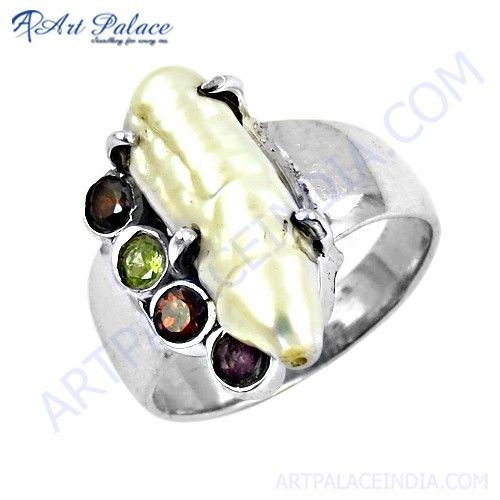 Beautiful Amethyst & Garnet & Pearl & Peridot Gemstone Silver Ring