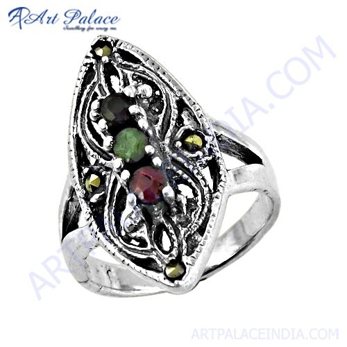 Traditional Black Onyx & Died Ruby & Green Aventurine & Gun Metal Gemstone Silver Marcasite Ring