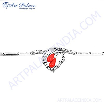 Fashionable Cubic Zirconia & Synthetic Coral Gemstone Silver Bracelet