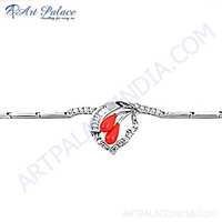 Fashionable Cubic Zirconia & Synthetic Coral Gemstone Silver Bracelet - 925 Sterling Silver, 7.5mm, Classic Style, Women's Gift