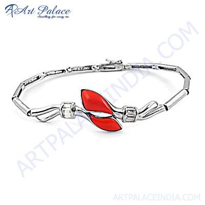 Unique Cubic Zirconia & Synthetic Coral Gemstone Silver Bracelet