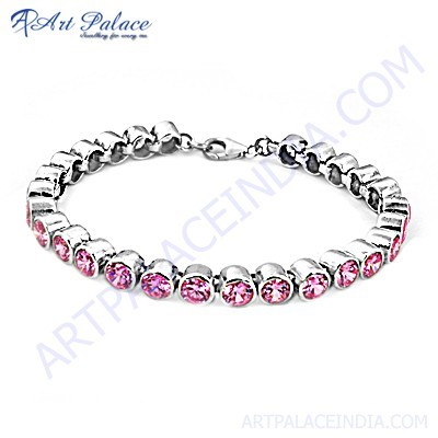 Charming Pink Cubic Zirconia Silver Bracelet