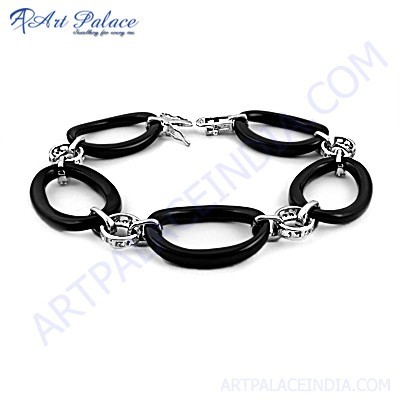 Trendy Black Onyx & Cubic Zirconia Gemstone Silver Bracelet By ART PALACE