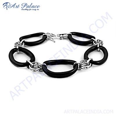 Trendy Black Onyx & Cubic Zirconia Gemstone Silver Bracelet