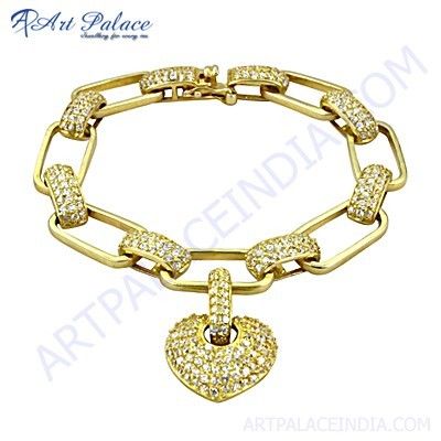 Party Wear Designer Cubic Zirconia Gold Plated Silver Bracelet