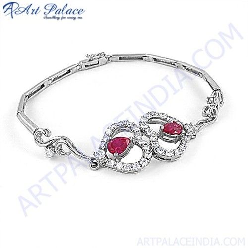 Designer Lovely Heart Shape Cubic Zirconia & Red Cubic Zirconia Gemstone Silver Bracelet