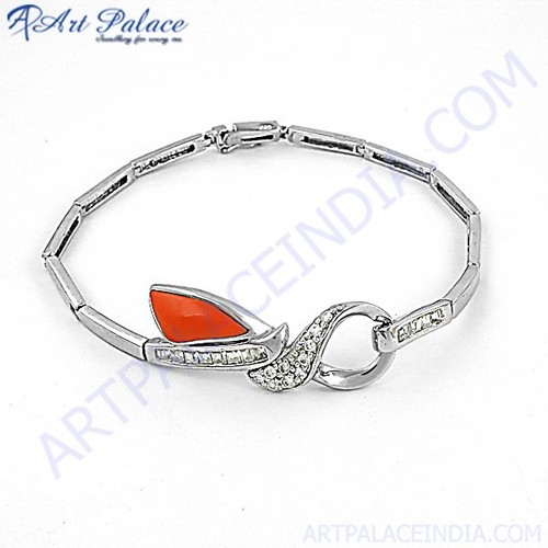 Designer Cubic Zirconia & Synthetic Coral Gemstone Silver Bracelet
