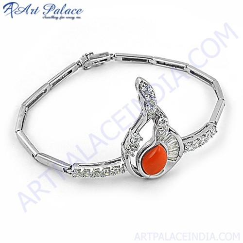 Beautiful Antique Style Cubic Zirconia & Synthetic Coral Silver Bracelet