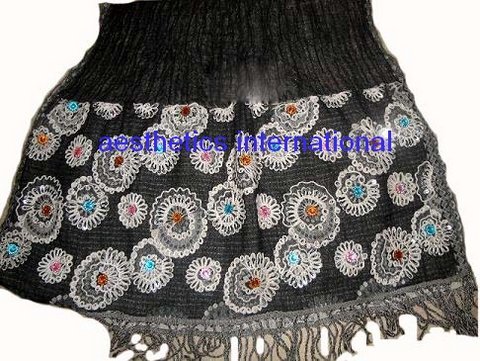 Boiled Wool Lycra - Wool Lycra Blend, Black, Floral Pattern | Soft, Stretchable, Lightweight, Fringe Finish