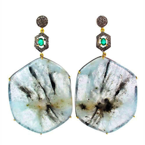 Emerald Aquamarine Gemstone Pave Diamond Earrings