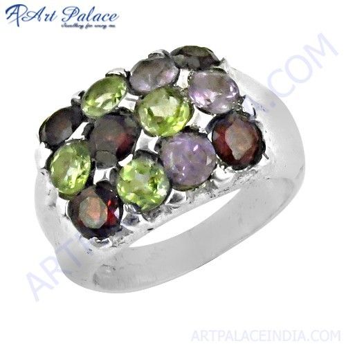 Lovely Amethyst & Garnet & Peridot Gemstone Silver Ring