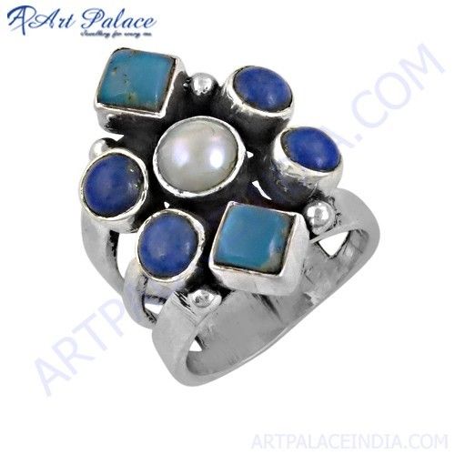 Handcrafted Lapis Lazuli & Pearl & Turquoise Gemstone Silver Ring