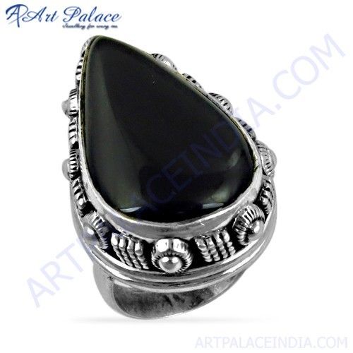 Feminine Unique Designer Black Onyx Gemstone Silver Ring