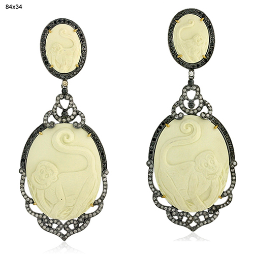 Diamond Cameo Dangle Earrings - 18k Gold Silver 84x34 mm, 3.222 Ct Diamonds, 71.05 Ct Gemstones