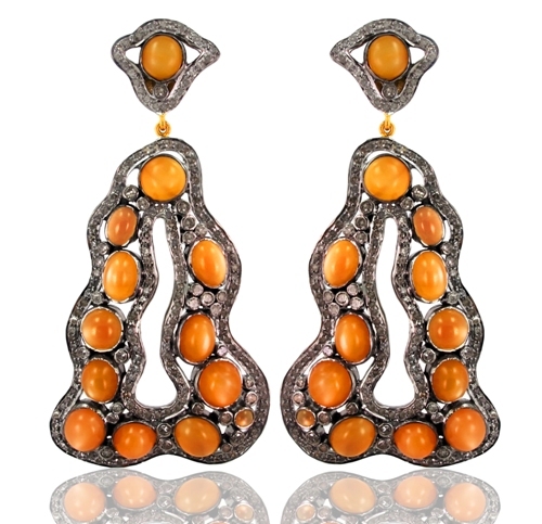 Silver Moonstone Pave Diamond Earrings