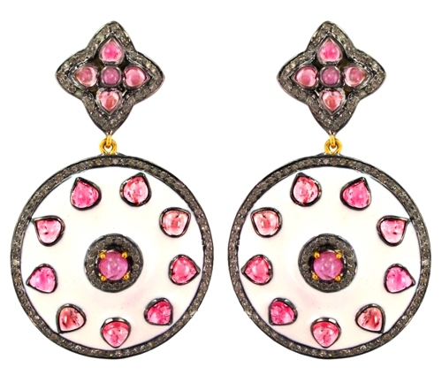 Enamel Pave Diamond Tourmaline Gemstone Earrings