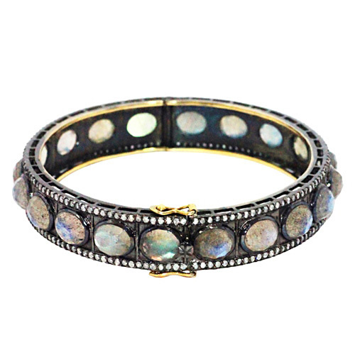 Gold Diamond Silver Labradorite Gemstone Bangle
