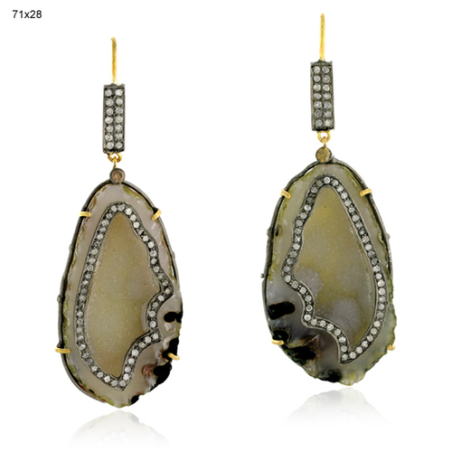 18k Gold Geode Earrings - 18k Gold & 925 Sterling Silver, 71x28mm | 103.10ct Geode, 1.50ct Diamond, Elegant Design