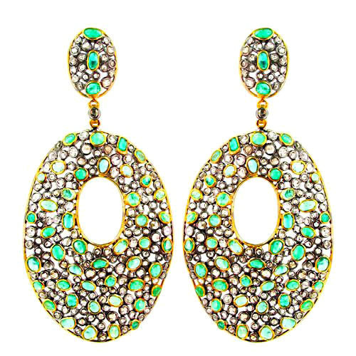 14k Gold Slice Diamond Emerald Dangle Earrings