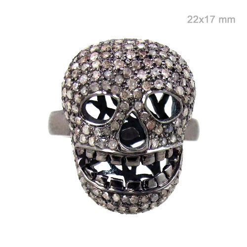 Skull Pave Diamond Silver Ring
