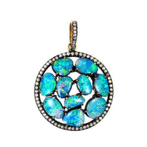 Opal Gemstone Diamond Pendant Jewelry - 14k Gold/Sterling Silver, 10.15 Ct Blue Opal, 1 Ct Diamond | Elegant Design, Fine Craftsmanship, Luxury Accessory
