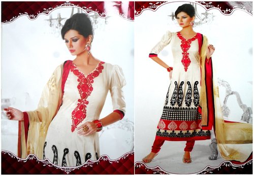 Anarkali Churidar Suits - Cotton Blend, 54 Inches, Off-White | Embroidery, 3/4 Sleeves, Comfortable Fit, Elegant Design