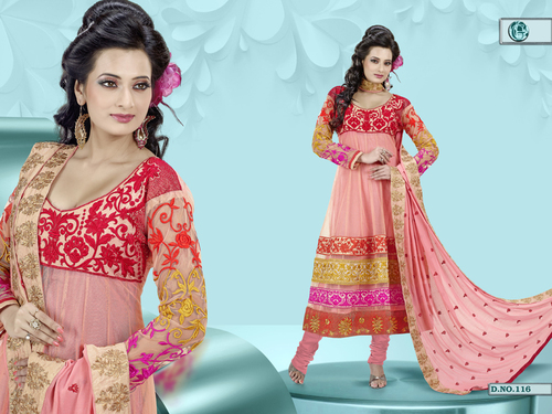 Online Anarkali Suits - Cotton Silk, 54 Inches, Peach | Elegant Design, Embroidery, Shrink Resistant, Durable Fabric