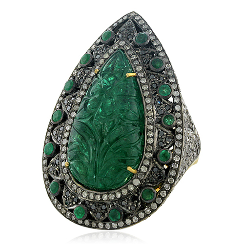 Emerald Carved Diamond Ring
