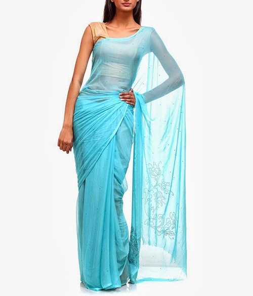 FAVOLA Pretty Aqua Blue Designer Crystallized Sari