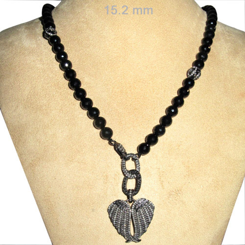 Silver Diamond Wings Onyx Gemstone Necklace - Sterling Silver, 3.65 CTS Diamond, 323.40 CTS Black Onyx | Elegant Design, Light Weight, Lustrous Shine