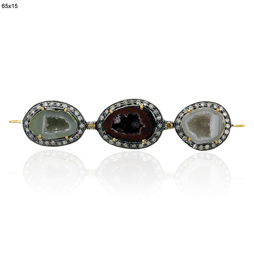 Prong Set Geode Connector Finding - 18k Gold & Silver, 65x15 mm, 0.94 Ct Diamond, 10.45 Ct Geode Gemstone