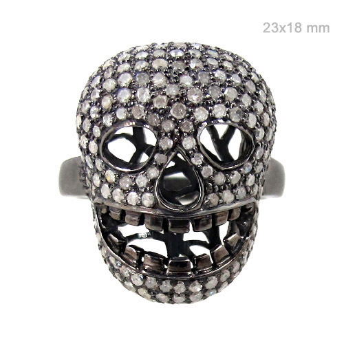 Skull Pave Diamond Silver Ring
