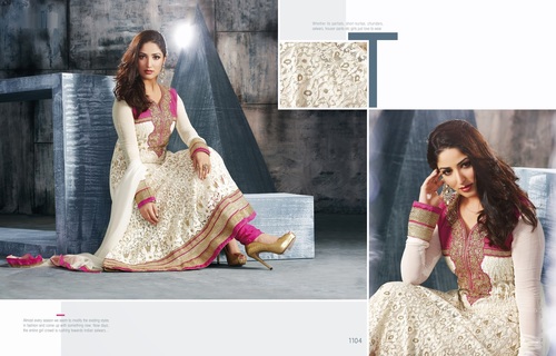 Designer Salwar Suit - Georgette Fabric, Santoon Bottom, Chiffon Dupatta, Cream & Pink, Full Sleeves, Embroidered Patch Work, Party & Wedding Wear