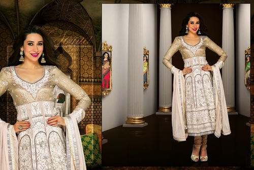 Designer Anarkali Suit - Faux Georgette Fabric, Sizes 34-44, Off White & Silver Color | Full Sleeves, Embroidered & Patch Work, Party & Festival Wear