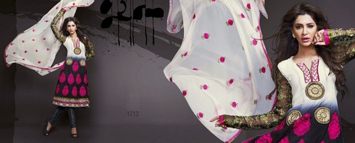 Designer Salwar Kameez Suit - Georgette Fabric, Off White & Black, Sizes 34-44 | Embroidered, Patch & Karachi Work, Full Sleeves, Party Wear