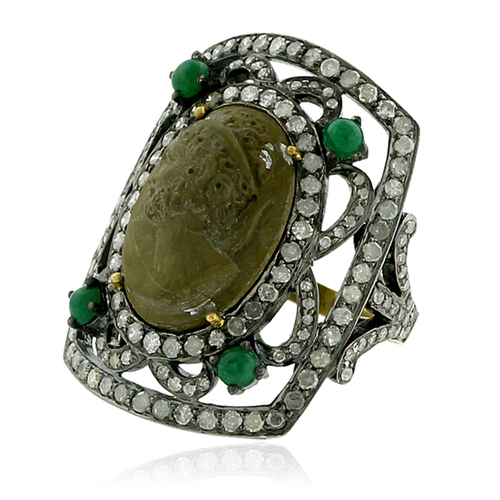 Designer Cameo Diamond Ring - 18k Gold & Silver, 2.25 Ct Diamonds, 8.5 Ct Gemstone Accents, Handcrafted Luxury Jewelry