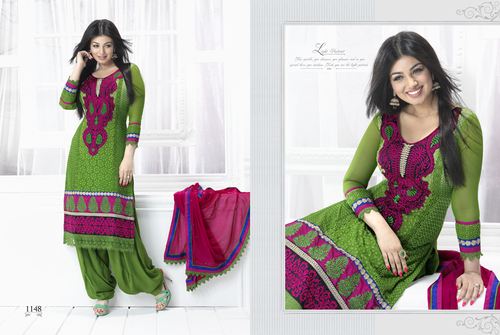 Designer Salwar Kameez Designs - Georgette Fabric, Green, Sizes 34-44 | Full Sleeves, Karachi Embroidered Patch Work, Festival Party Wear