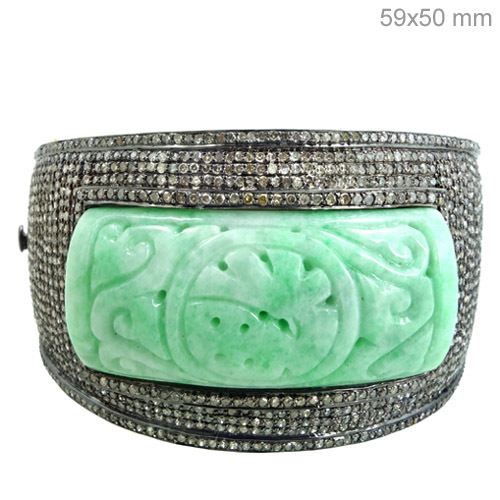 Pave Diamond Jade Carving Cuff Bracelet