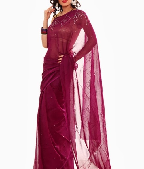FAVOLA Designer Dazzling Wine Crystallized Sari - Silk Blend, 5.5 Meters, Maroon | Elegant Design, Crystal Patterns, Luxurious Feel