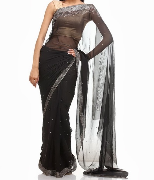 FAVOLA Designer Black Asymmetric Graded Pattern Crystallized Sari