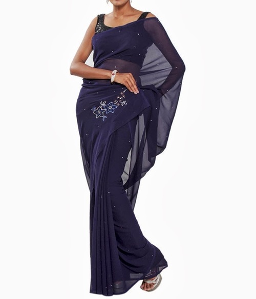 FAVOLA Designer Nevy Blue Flower Motifs Crystallized Sari