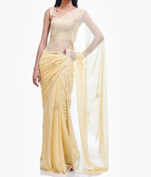 FAVOLA Designer Gorgeous Beige Leaf Motifs Crystallized Sari - Silk Blend, One Size, Beige | Elegant Design, Crystal Accents, Leaf Motifs